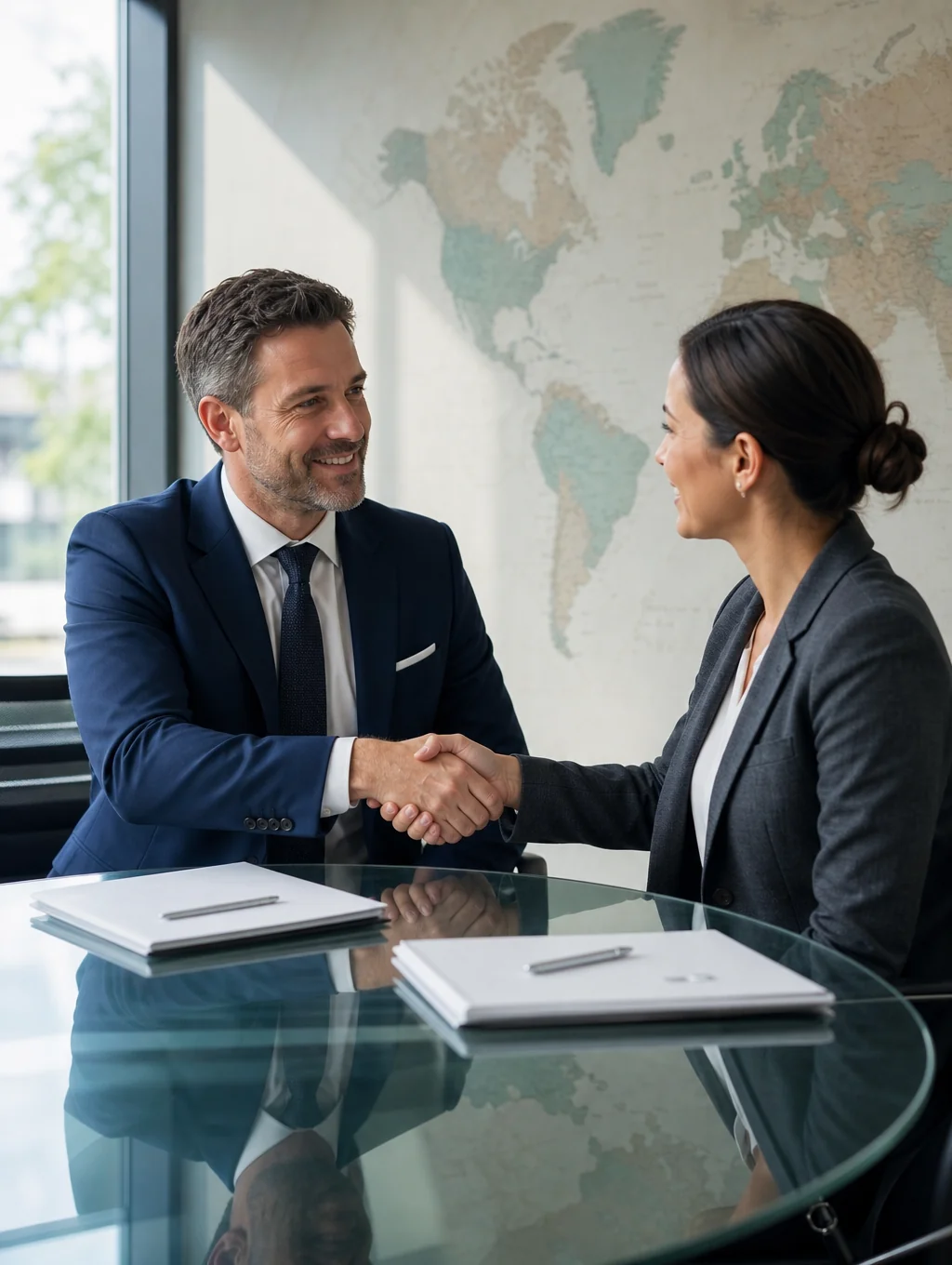 Professional handshake in a modern international office setting