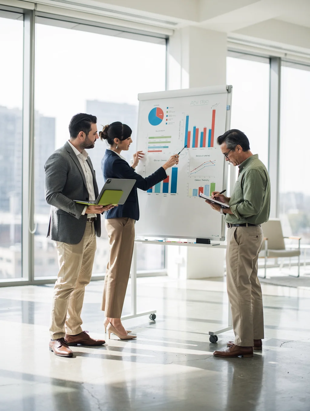 Consultants reviewing complex data on a digital tablet