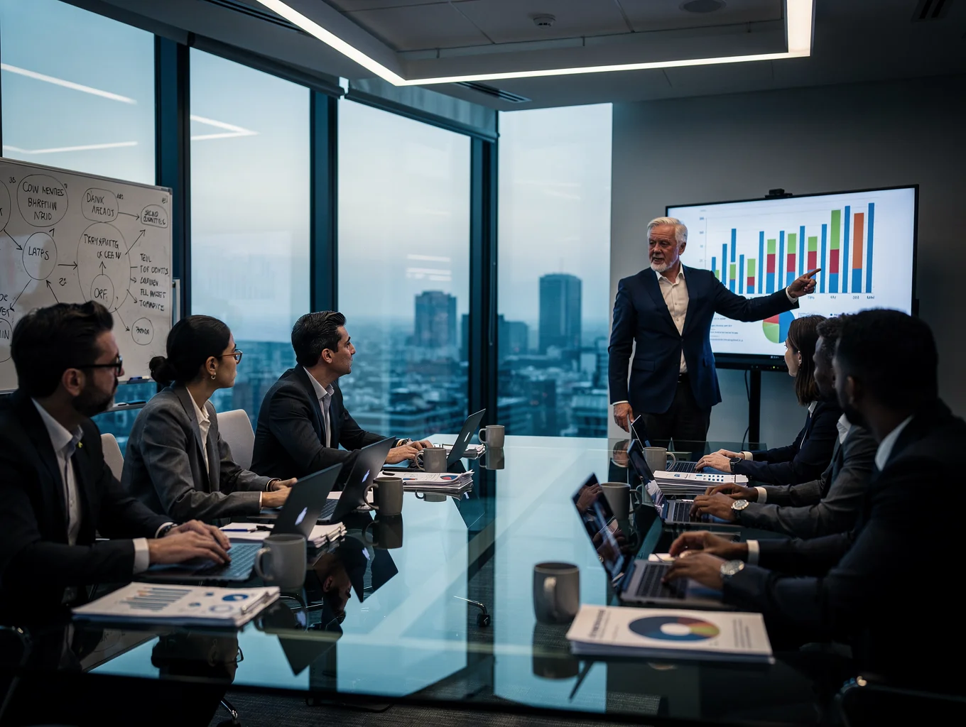 Executive team reviewing global business growth strategies