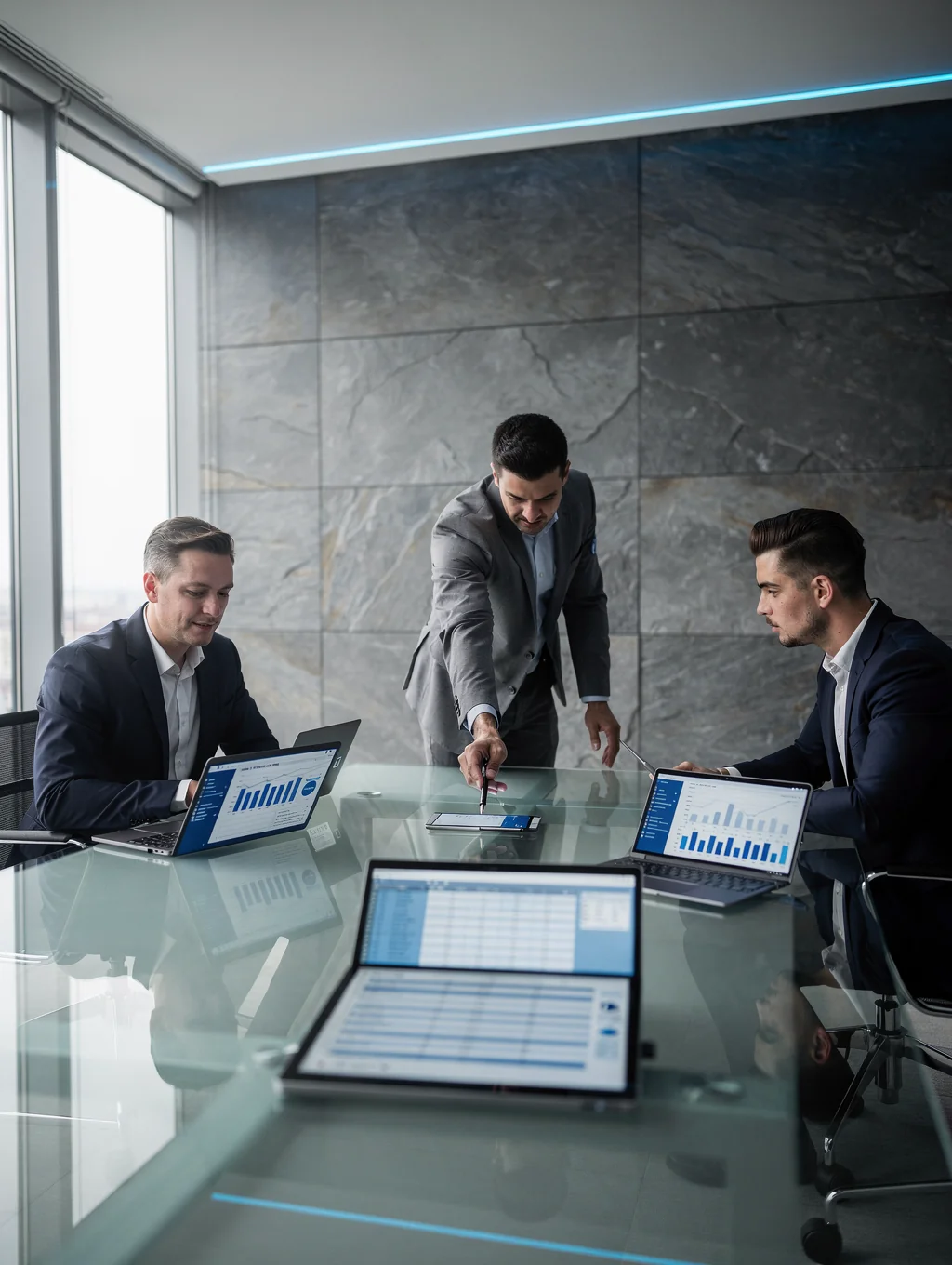 Professional consultants reviewing global strategy documents in a modern office