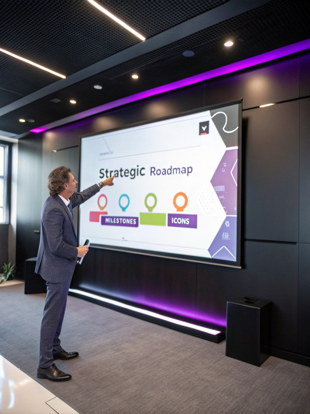 Management consultant presenting business strategy in a boardroom